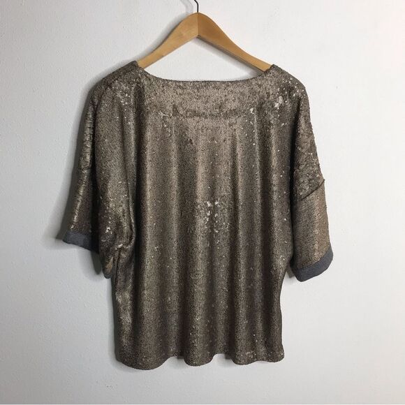 Anthropologie Deletta Bronze Sequin V-Neck Blouse Short Sleeve Top Size Medium - Picture 3 of 12